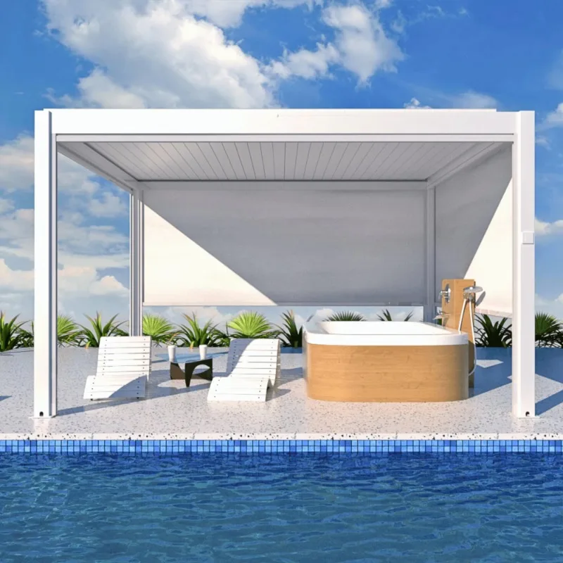 Luxury Electric Light Emitting Diode Roof Pavilion Aluminum Garden Outdoor Bioclimate Pergola Waterproof Flap Blinds Gazebo