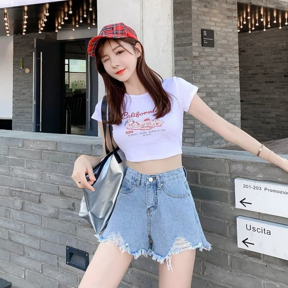 Casual Stretchy Jean Shorts for Women Ripped High Waisted Short Pants All-match Frayed Raw Hem Distressed Shorts Summer Wear