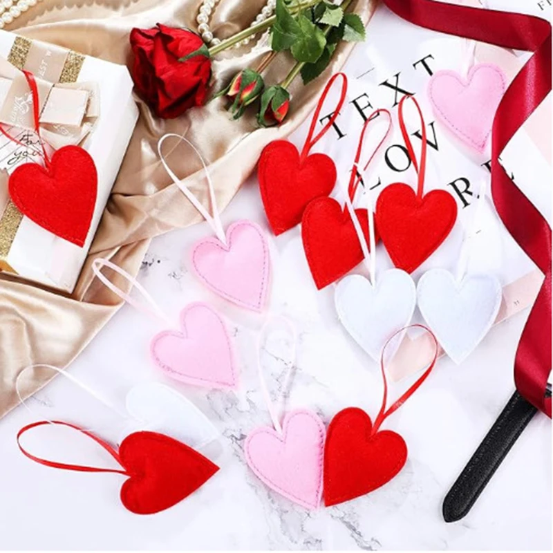10 Piezas de Dijes Colgantes de Corazón de Amor Romántico de Fieltro Rosa Rojo para el Día de San Valentín, Decoraciones de Guirnaldas, Recuerdos de Fiesta de Boda, Regalos para el Hogar