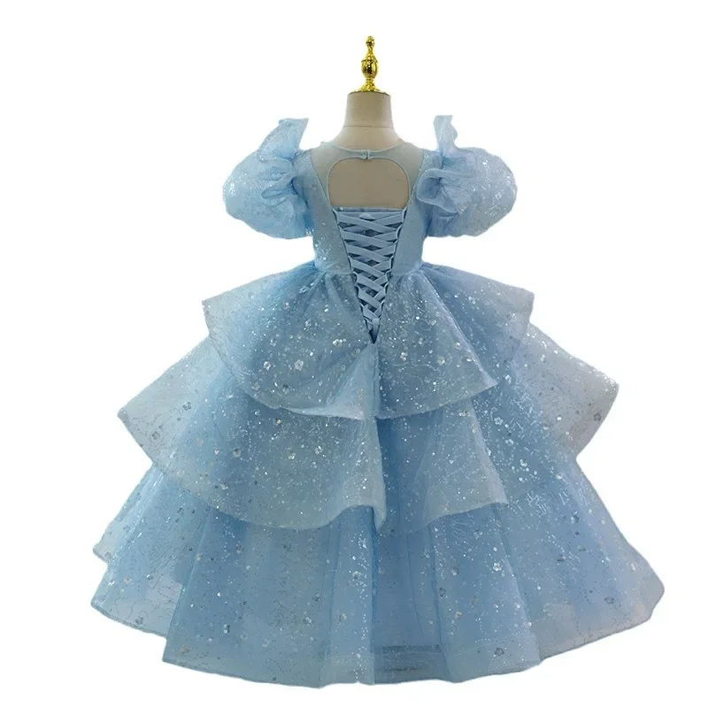 Girls Princess Dress Puff Sleeve Sequin Embellished Tiered Tulle Pearl Neckline Formal Party Pageant Costume