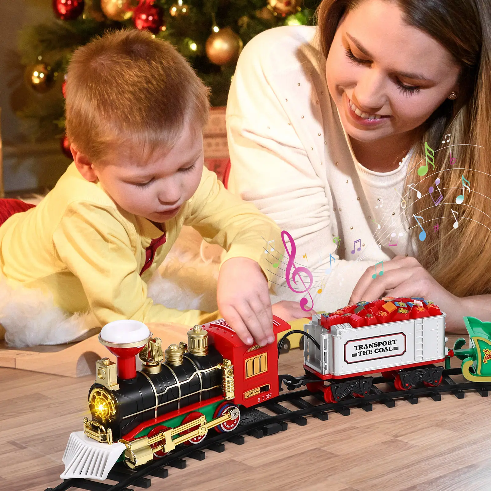 Set de Tren Navideño, Tren Pequeño Eléctrico con Locomotora de Vapor, Tarjetas Decorativas, Rieles, Regalo para Niños Debajo del Árbol de Navidad