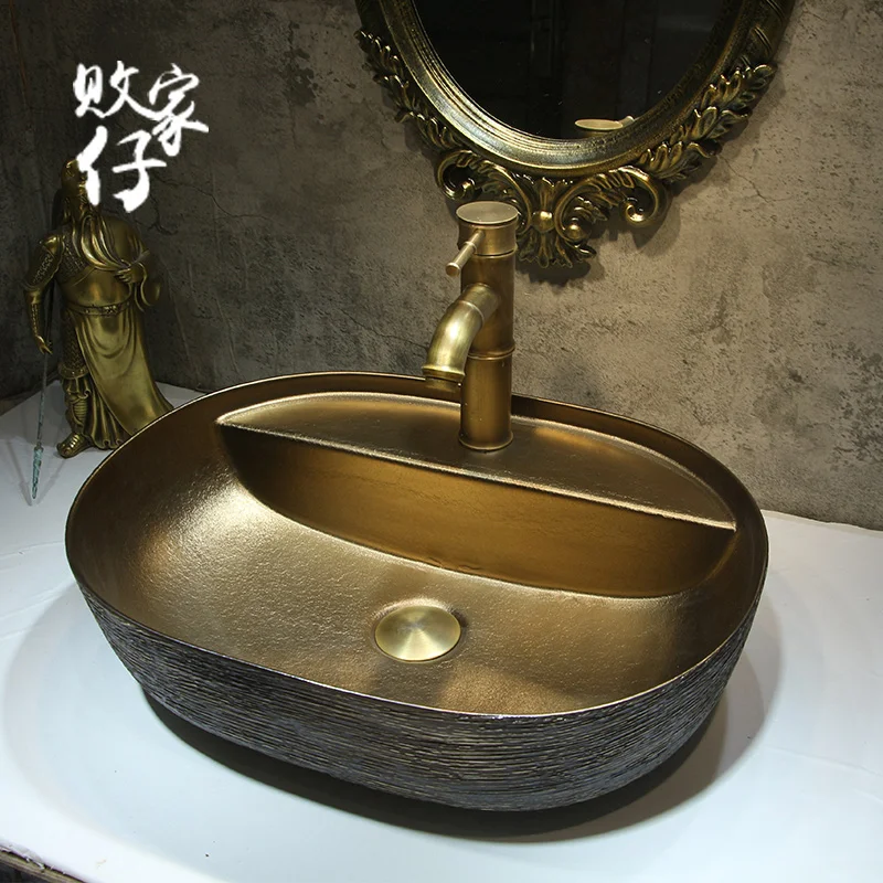 

Hotel Faucet Hole Platform Basin Ceramic Gold Thai Washbasin Household Bathroom Washbasin Large Washbasin