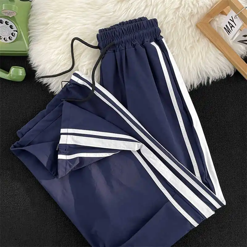 

Спортивные полосатые брюки для мужчин, свободные прямые брюки для активного отдыха, походные штаны с завязками, повседневные брюки-парашюты