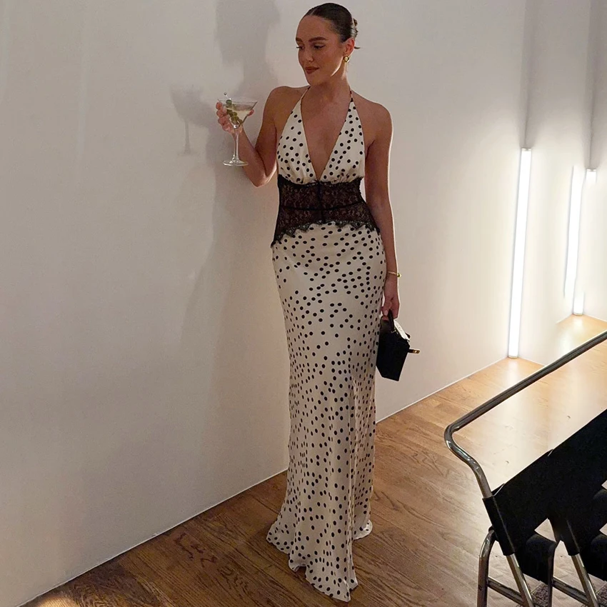 Linad Sexy à pois licou longue robe femmes automne élégant taille haute dentelle robe rue Chic mince évider robe pour femme