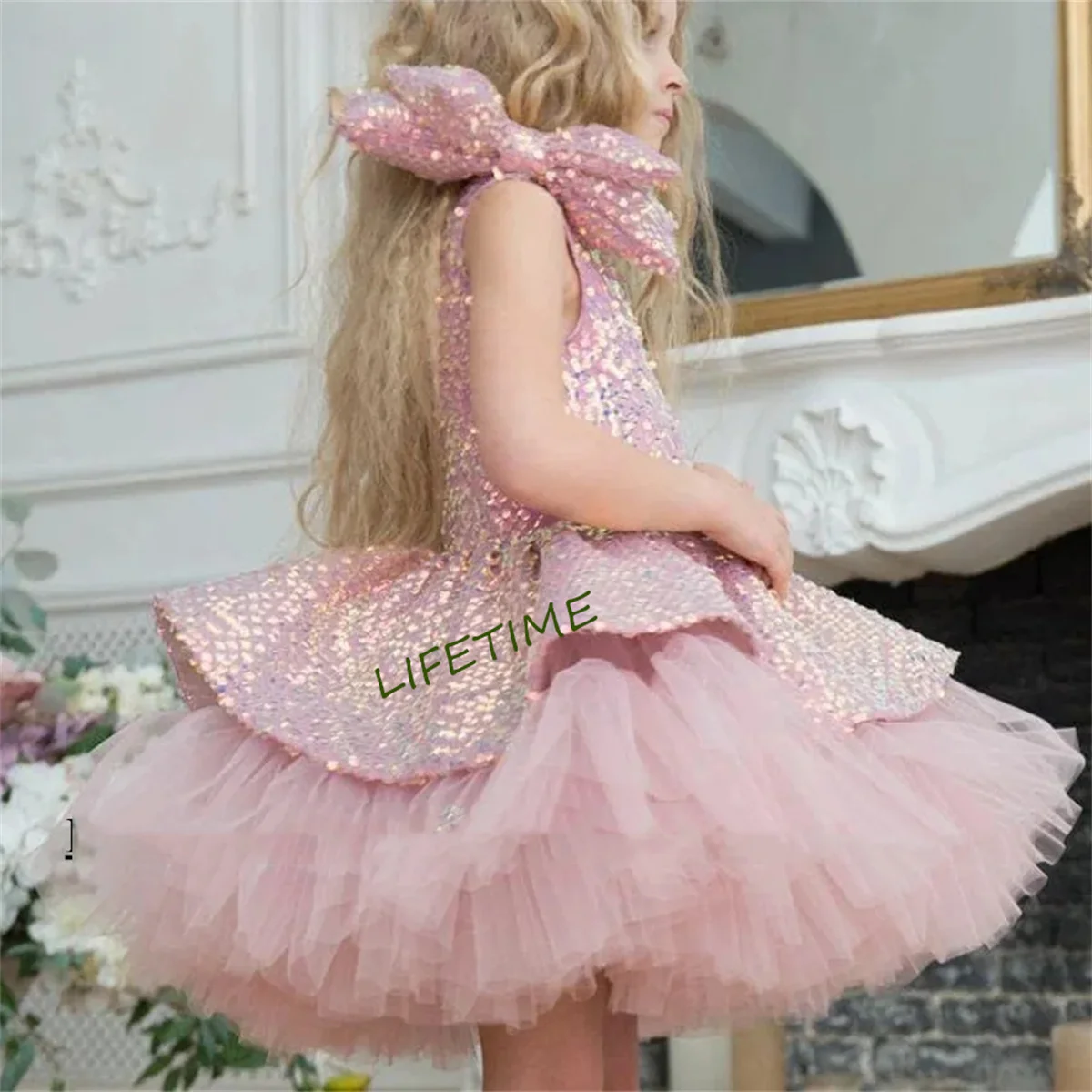 

Girls' Pink Birthday Party Gown Big Bow One Shoulder Sequin Puff Communion Dresses Little Flower Girl Dress for Pageant