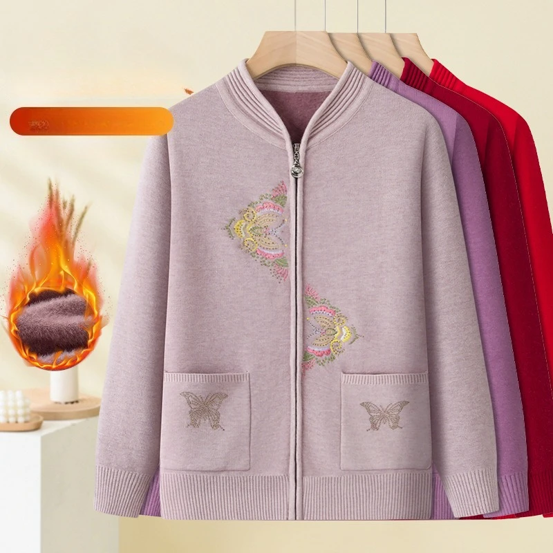 

Autumn Winter Middle-aged Women's Knitted Sweater Cardigan Short Coat Embroidery Fleece Thicken Soft Casual Tops Sweater Jackets