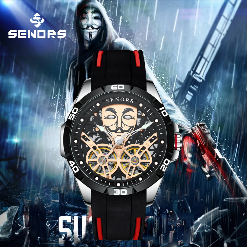 SENORS SN207 Men`s Watch Automatic Mechanical Watches Men Skeleton Double Tourbillon Sapphire Glass Clock 316L 3ATM Hollow Watch