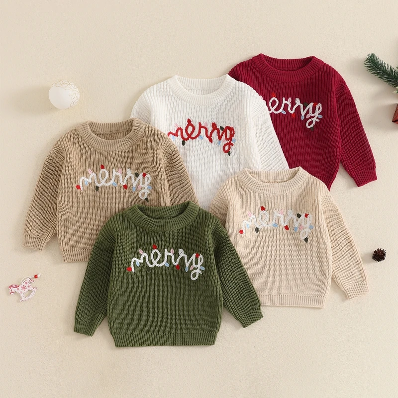 

3-6Years Kids Christmas Sweaters Autumn Winter Long Sleeve Letter Embroidery Knit Pullovers for Boys Girls Warm Jumper Tops