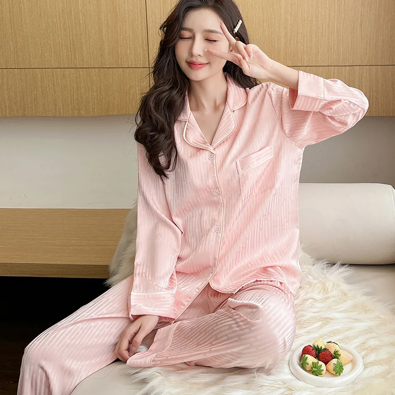 Fashion Women's Ice Silk Long Sleeve Pajama Set Spring Autumn Lightweight Loose-Fitting Silk Loungewear Homewear