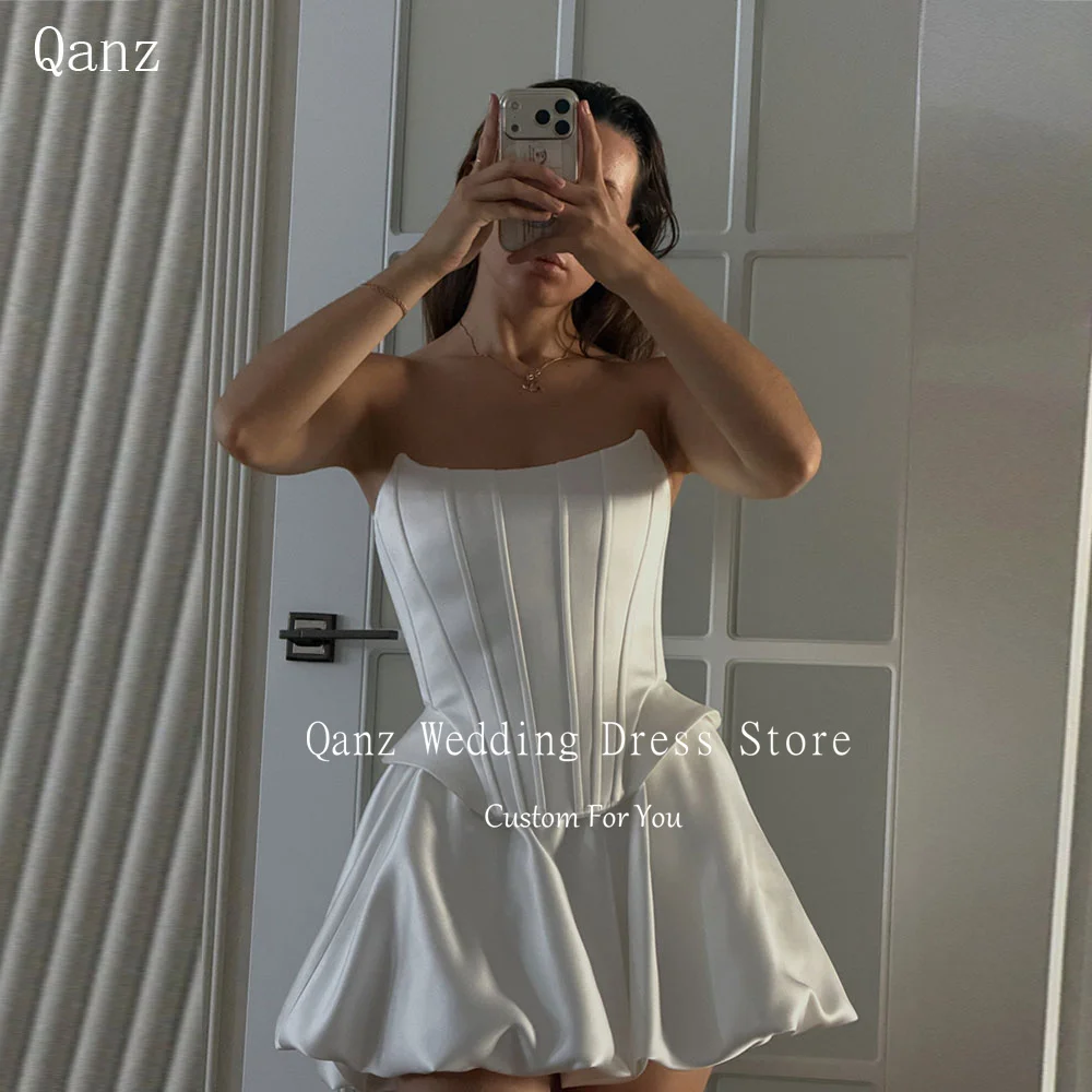 Qanz Vintage White Satin Mini Wedding Dresss Strapless Short A Line Vestido De Novia Open Back Women Bridal Gowns Customized