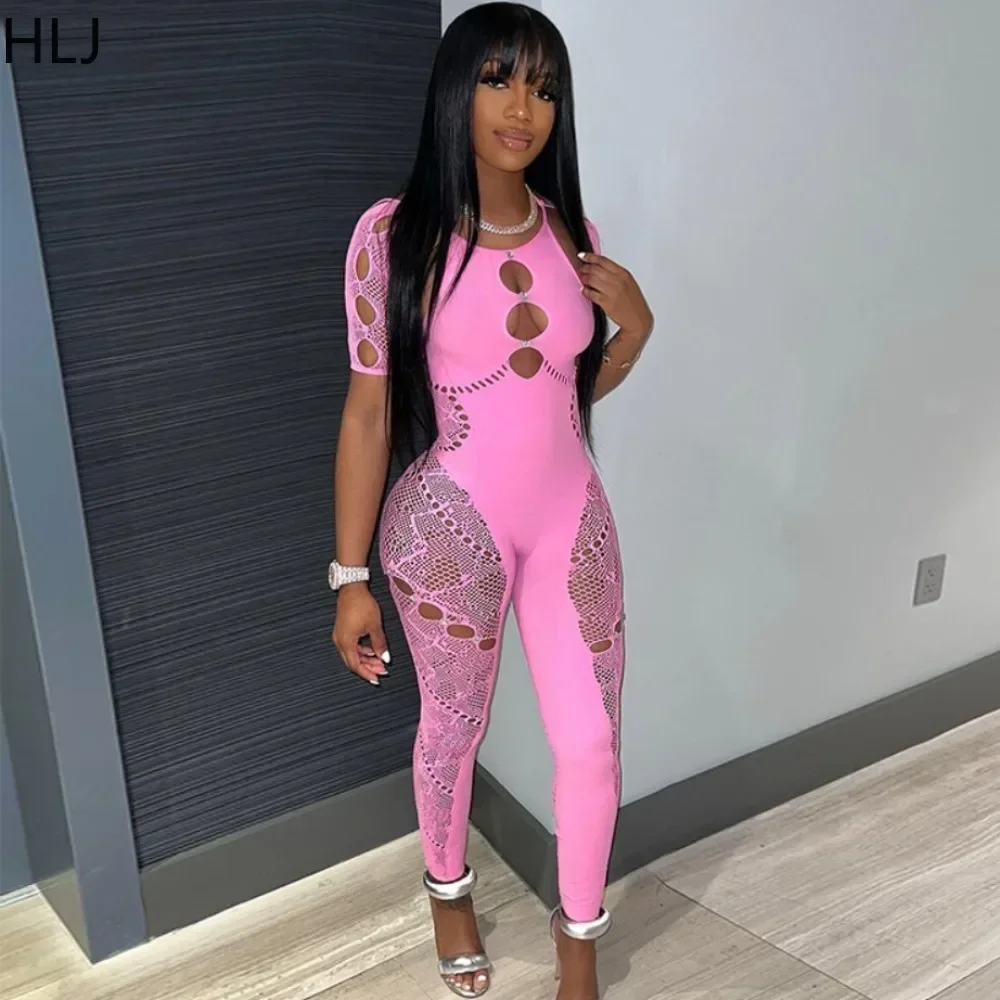 HLJ&GG Sexy Lace Hollow Bodycon Party Nightclub Jumpsuits Women Short Sleeve Skinny Pants Playsuits Female Hole Overalls 2025