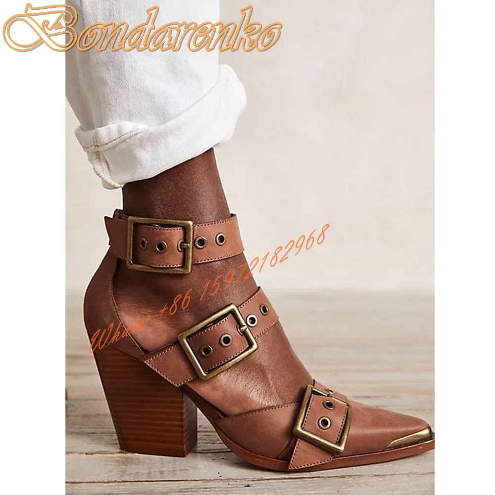 Belt Buckles Chuny Heels Pumps Pointy Toe Straps Rivet Hollow Solid Women Dress Shoes Leather Sexy Designer Pumps Spring Autumn