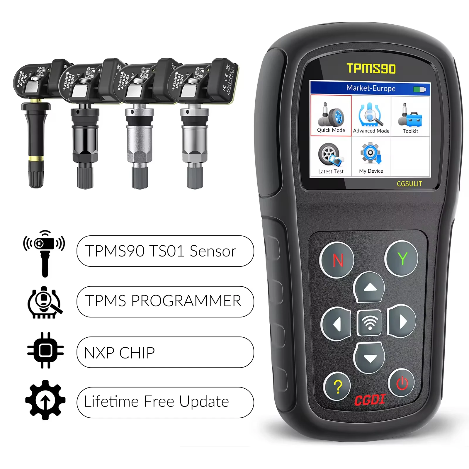 CGSULIT TPMS90 & CGSULIT TS01 العالمي TPMS 315 ميجا هرتز/433 ميجا هرتز الاستشعار سيارة كاشف ضغط الإطارات مبرمج أداة يناسب 98% مركبة