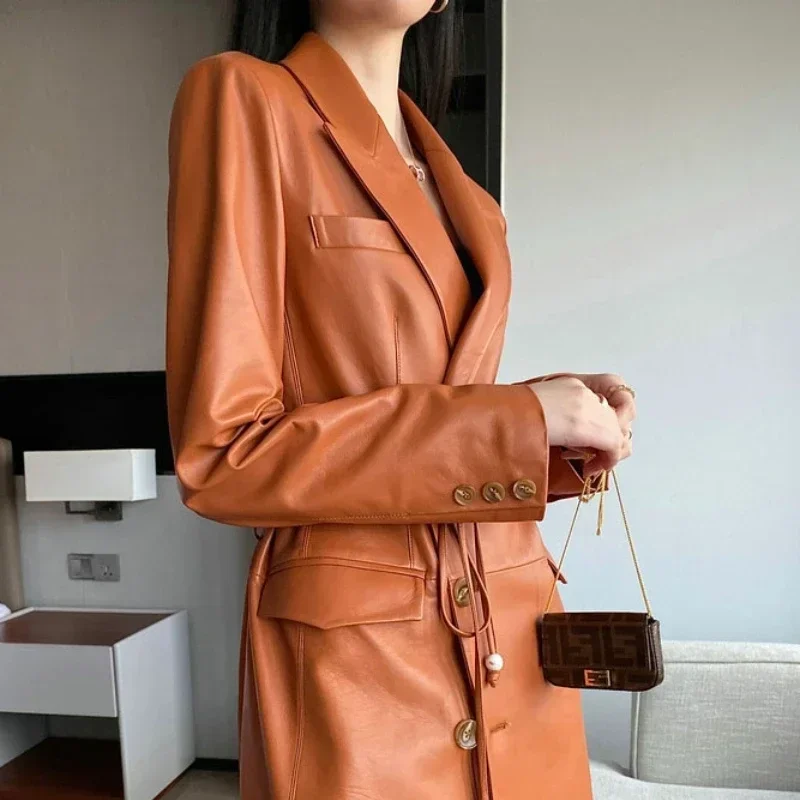 Imagem -06 - Jaqueta de Couro Real Feminina Moda Coreana Cinto Laranja Cabolsa de Couro Feminino Jaqueta de Couro Real Roupas Femininas Trench Coat Fcy1930