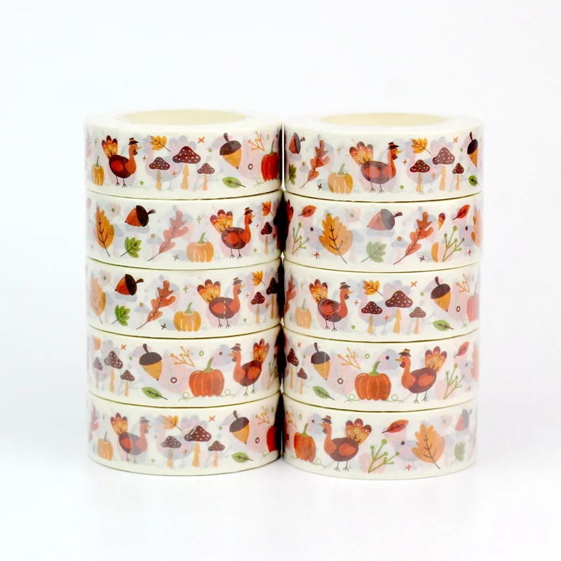 

NEW 10PCS. Deco Turkey Pumpkin Brown Leaf Mushroom Nuts Washi Tapes for Gift Wrap Masking Tape Cute Journal Stationery Supply