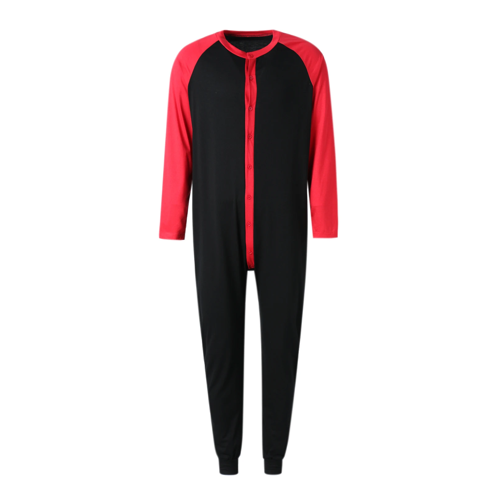 Men s Button Down  s Pajama Long Sleeve Round Neck Color Block Jumpsuit Nightwear For Adults