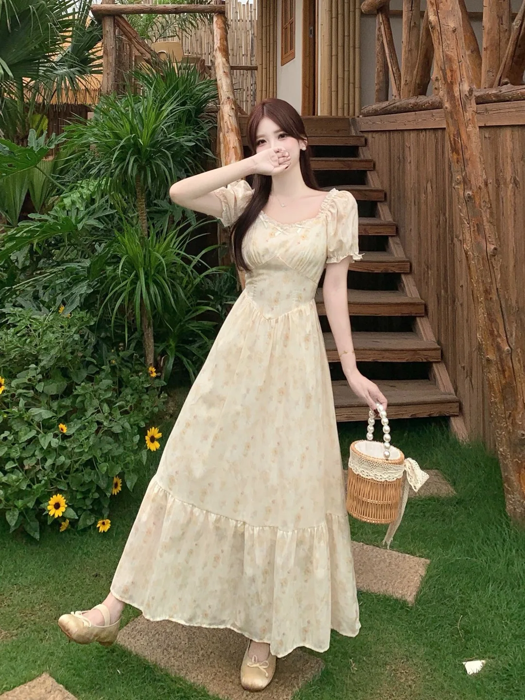 plus Size Floral Print Puff Sleeve A-Line Dress Women's Summer New Style Waist Cinched Holiday Vibes Long Dress