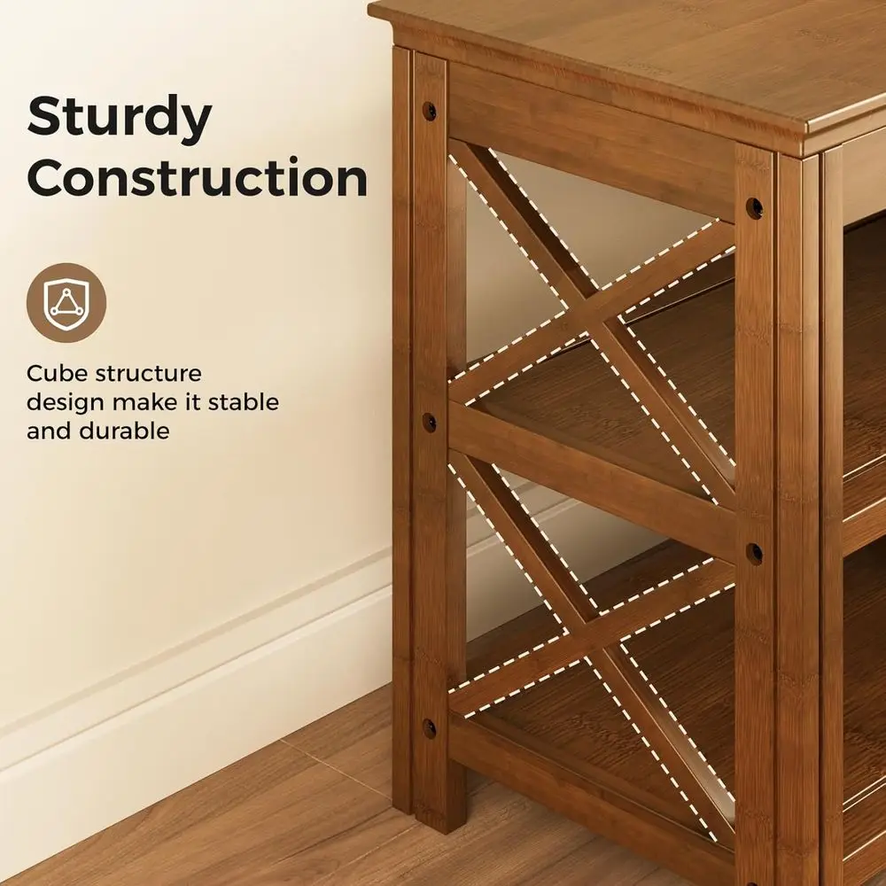 3-Tier Bamboo Shoe Storage Bench, Rustic Entryway Wood Bench, X-Brown, 31.5