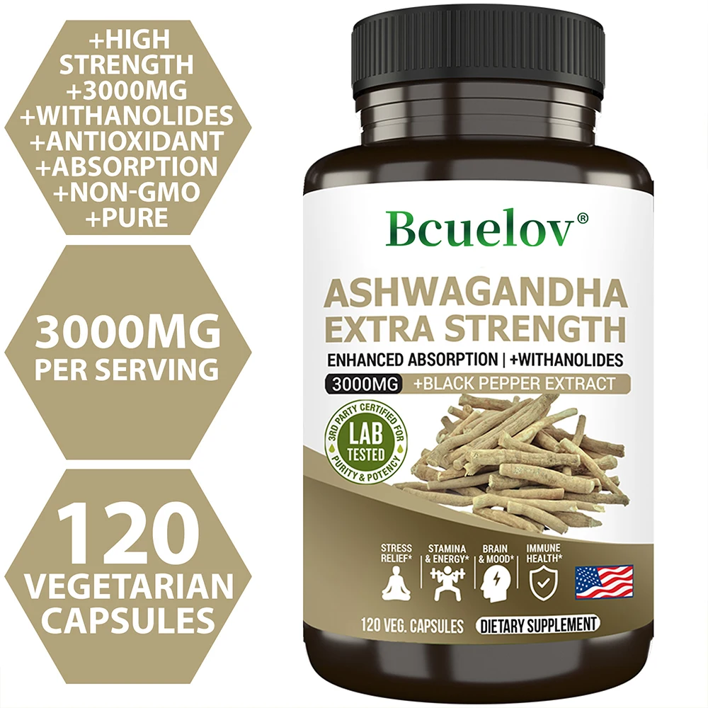 Экстракт ашваганды, 3000 мг, антистрессовая добавка для беспокойства корней — поддерживает лучший сон, настроение, энергия, 120 капсул