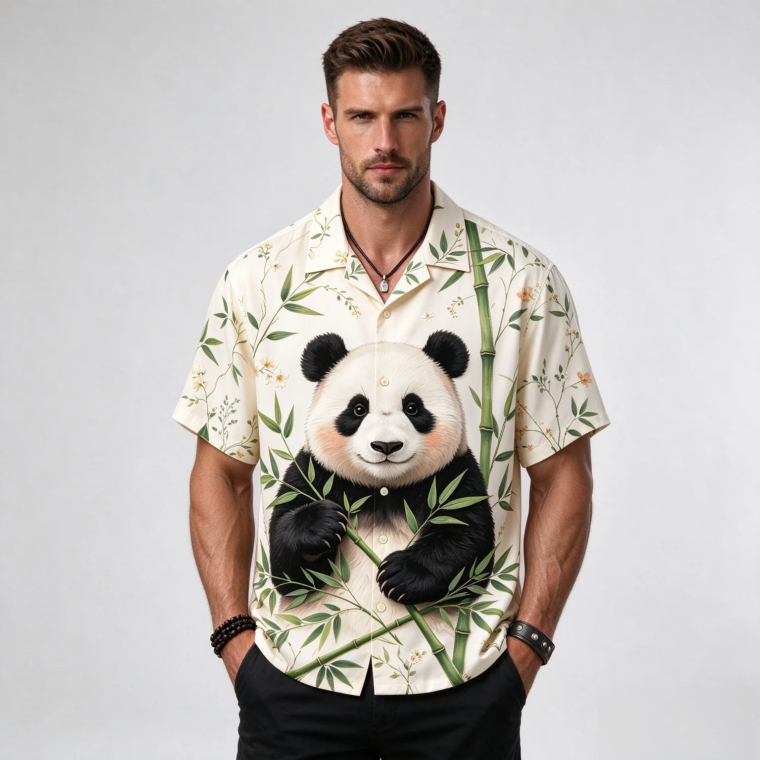 Hot Sale Men 3D Print Polyester Shirt, light and thinStylish Comfortable Short Sleeve Lapel Panda Bamboo Casual Button Up Top