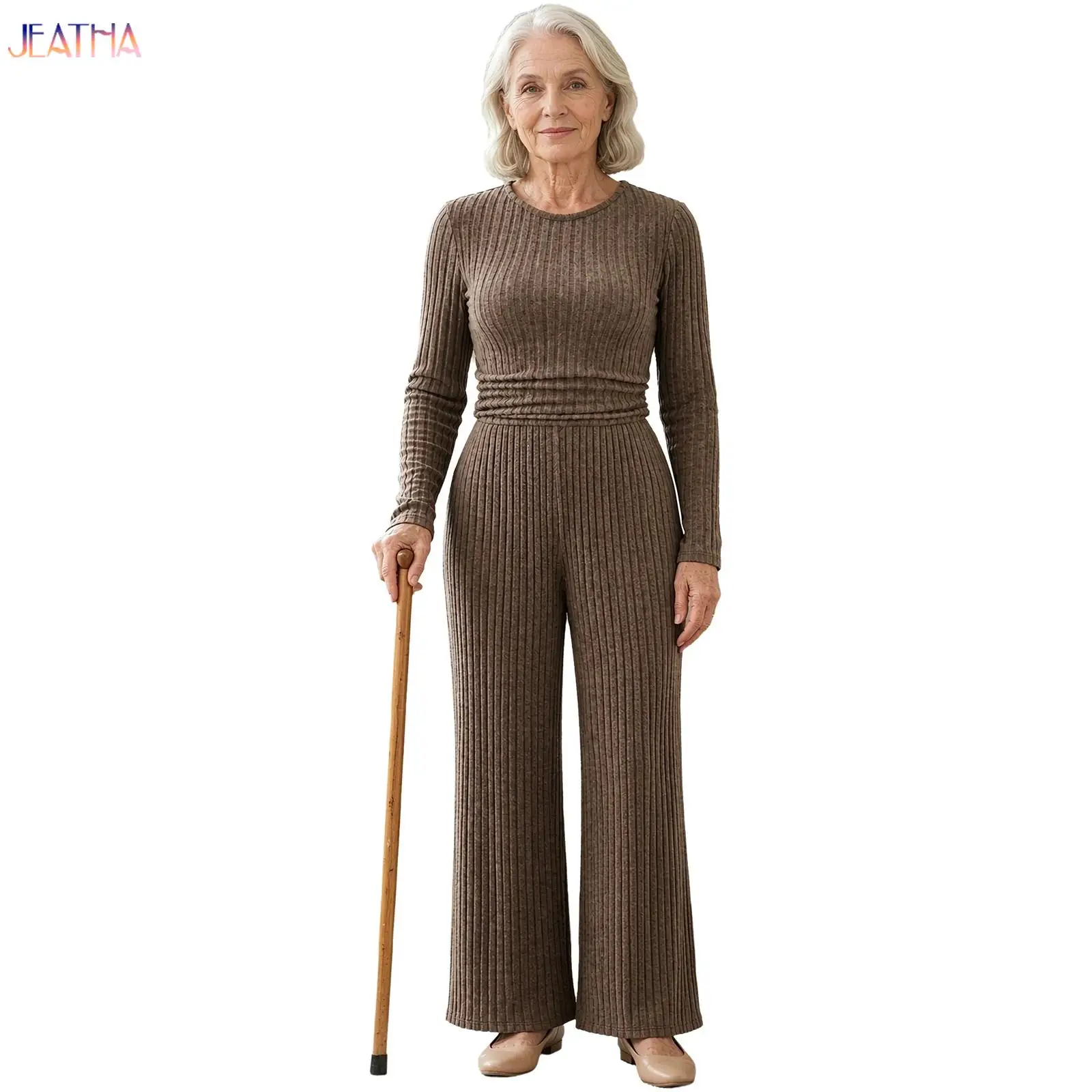 Women Elderly Adaptive Jumpsuit Special Need Cloth Long Sleeve Anti-strip Back-zip Ruched Elastic Waist Brushed Ribbed Bodysuit