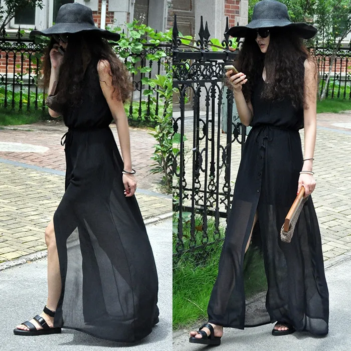 

Summer 2026 Women's Long Tie Waist Shaping Chiffon Sleeveless Vest Dress Open Cardigan Long Skirt High Waist Street Style
