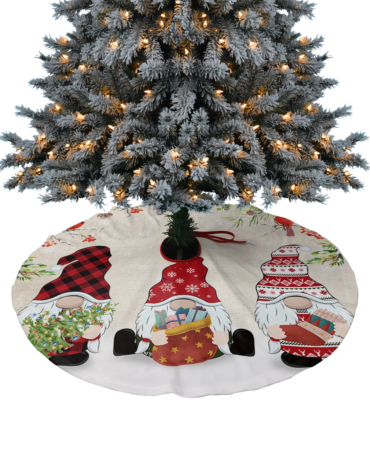 Christmas Gnome Berry Pine Tree Robin Christmas Tree Skirt Xmas Decorations for Home Supplies Christmas Tree Skirts Base Cover