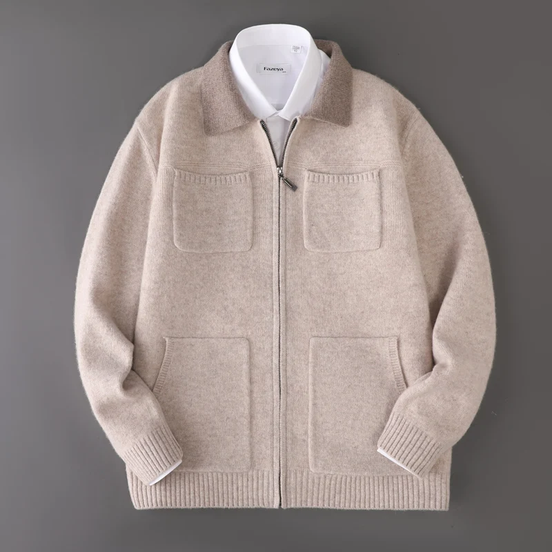 2026 Autumn/Winter New Product Sweater Coat 100% Merino Wool Knitted Zipper cardigan Business Casual Collar with Pocket Jacket