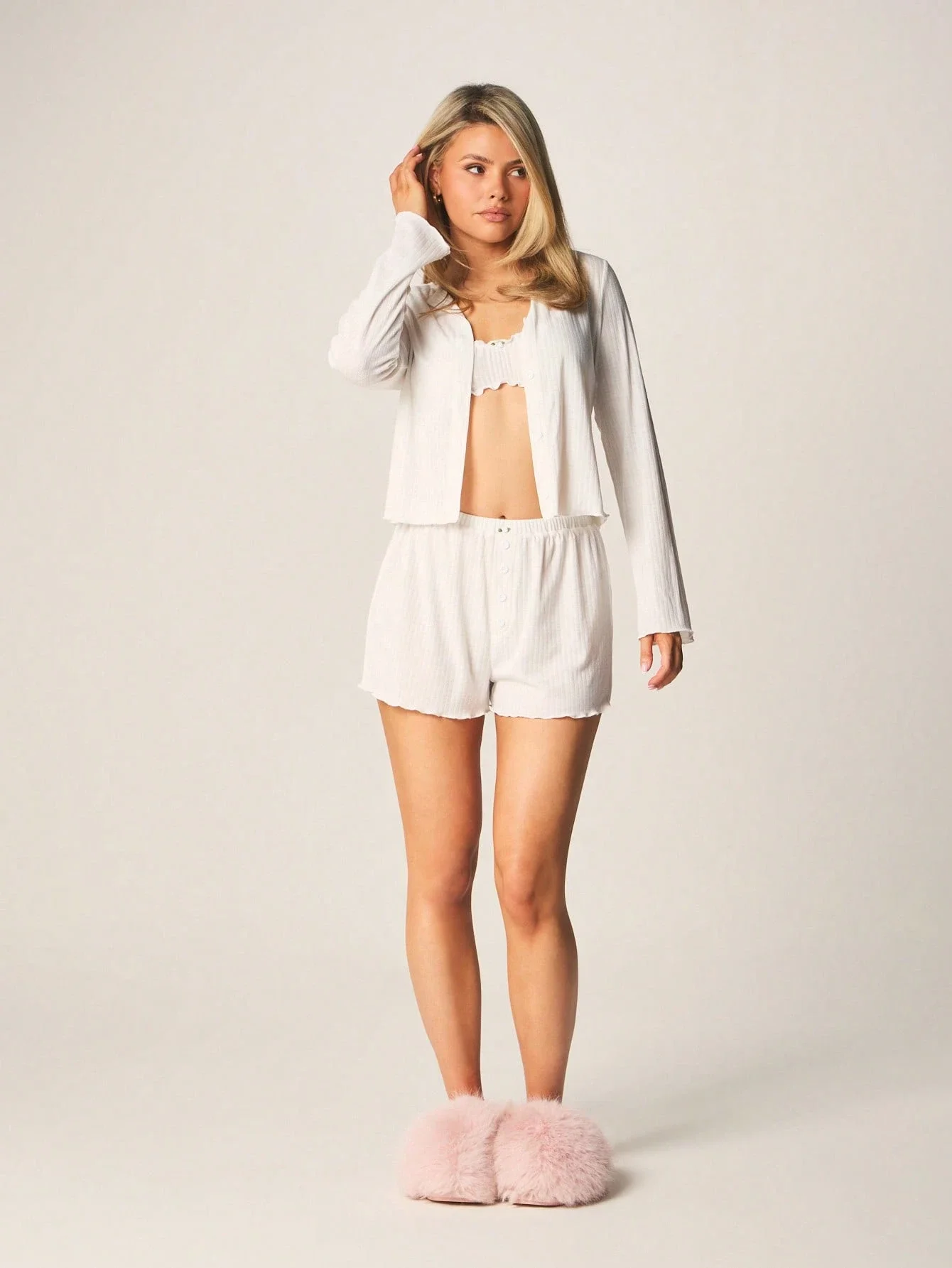 

Ribbed Knit Button Up Pajama Set With Bralette And Shorts For Loungewear Sleepwear