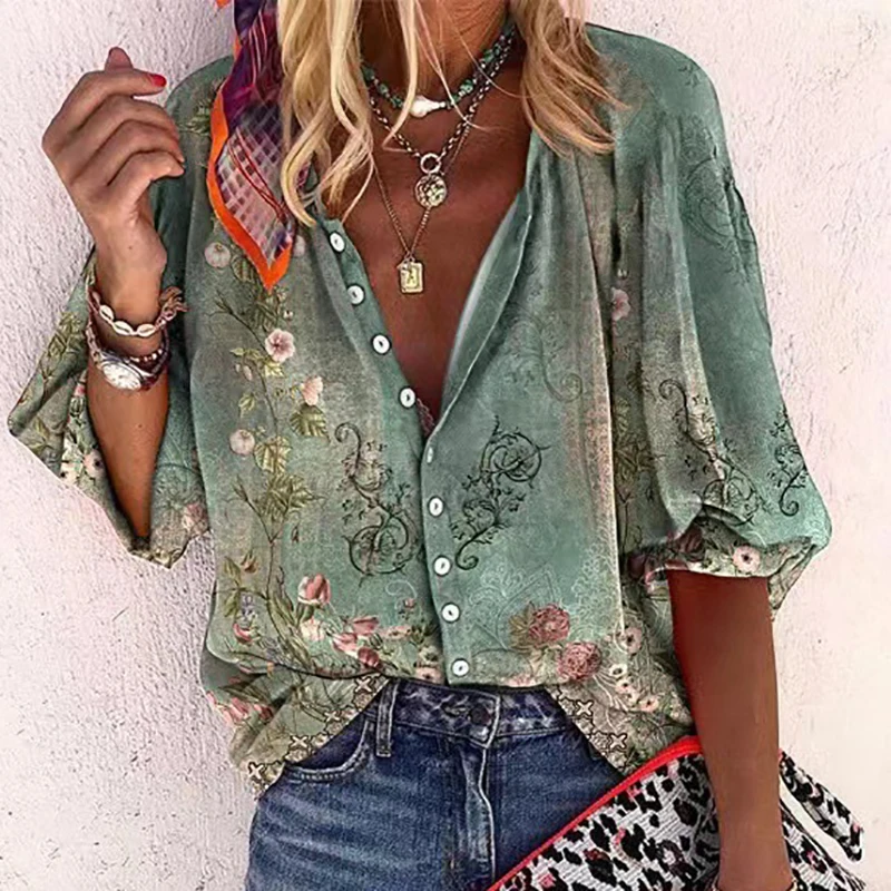 Nữ Áo Lệch Vai Cổ V Áo Sơ Mi Nữ Vintage In Cổ Áo Thu Đông 2022 Thiết Kế Dây Kéo Rời Áo