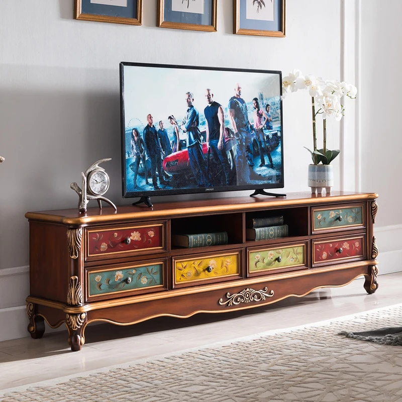 

European TV Cabinet Solid Wood Coffee Table American Painted Retro Carved Video Cabinet Floor Cabinet Living Room Furniture Pack