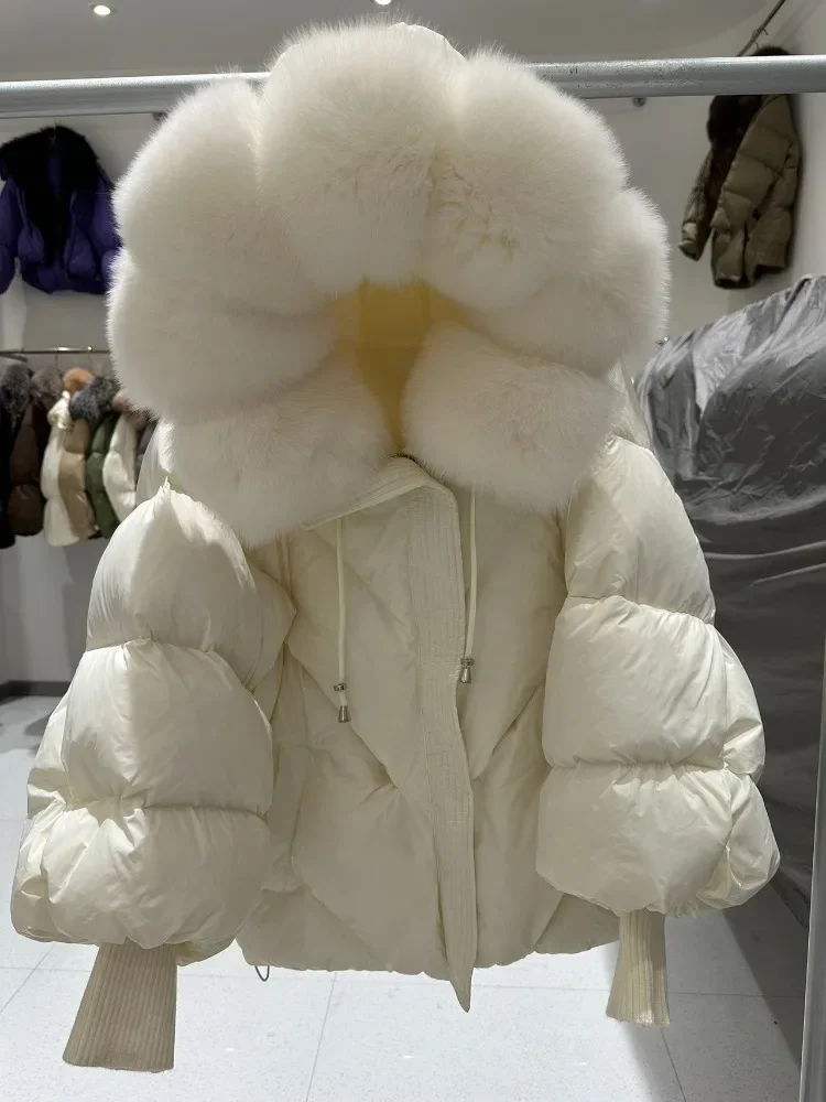 Fashion Winter Large Real Fur Hooded Puffer Jacket Women Thicken Warm Knitted Sleeve Coat White Duck Down Mid Long Parka