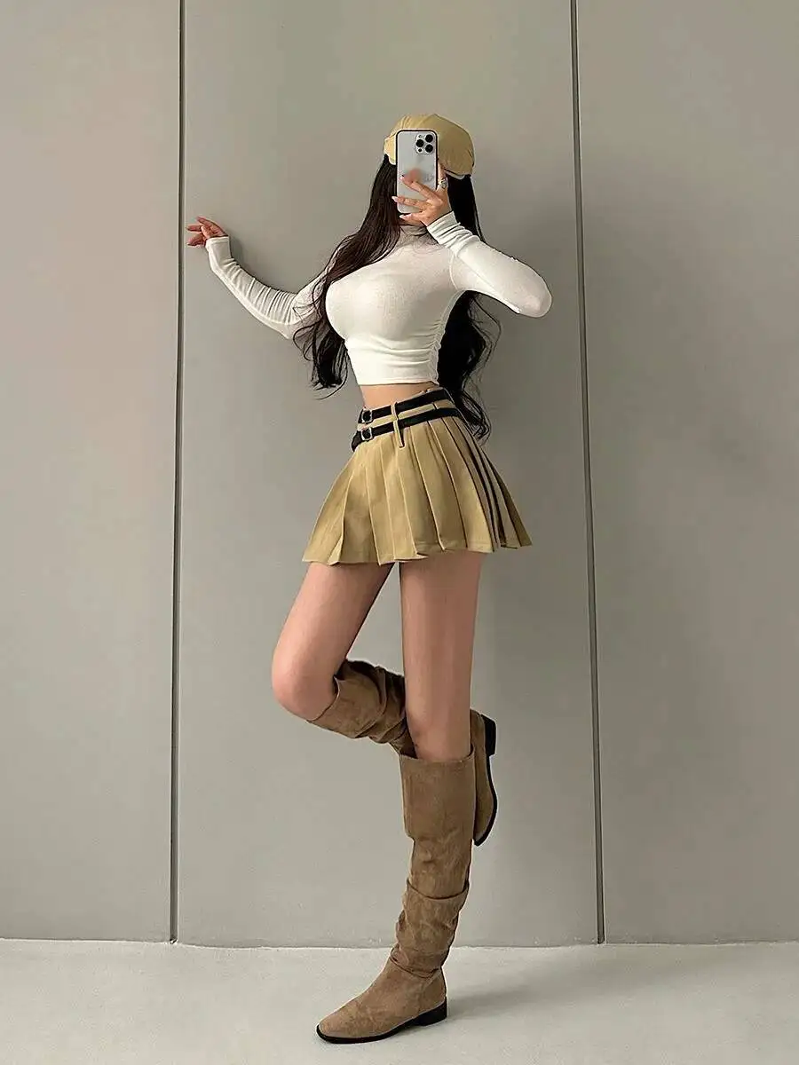 WOMENGAGA Sexy High Waist Double Belt A-LINE Belt Safety Skirt Pleated Skirt Half Body Short Fashion Skorts Fashion Korean RA8B