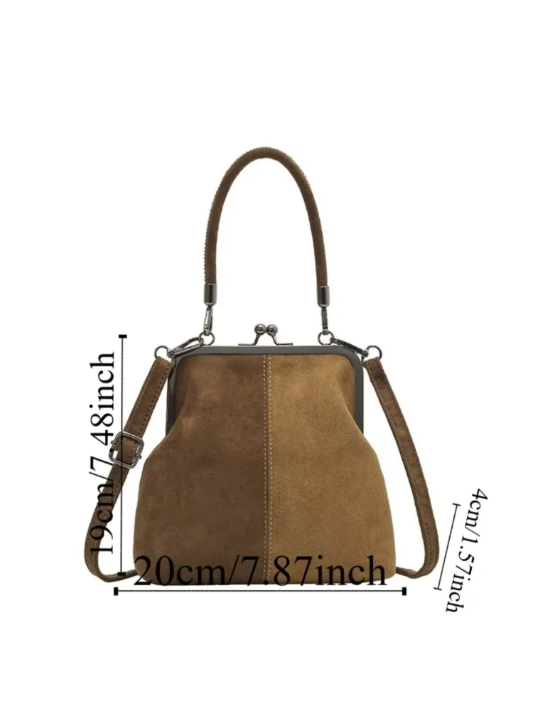 Large Capacity Retro Frosted Handbag Kiss Lock Short Handle Leather Crossbody Bag Clip Closure PU Clutch Shoulder Bag