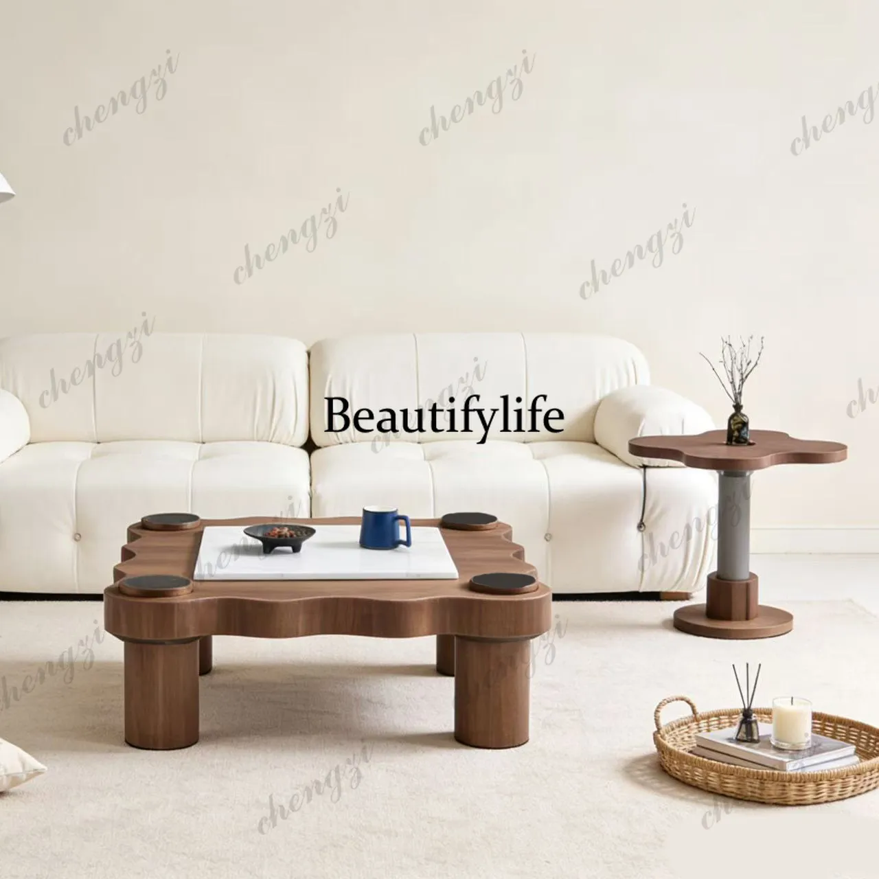 Modern minimalist wabi sabi mid-ancient style irregular wooden wave coffee table combination designer living room coffee table