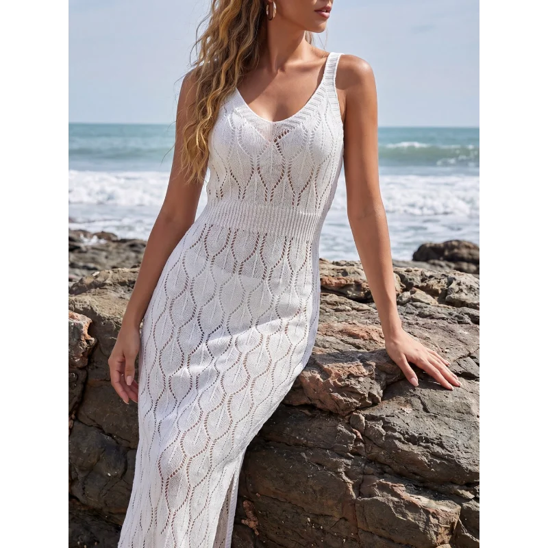 Women Hollow Knit Beach Cover Up Dress Sleeveless V Neck Side Slit Midi Dress Vacation Sundress