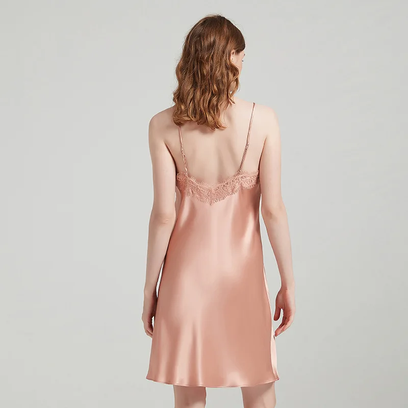 19 Momme 100% Mulberry Silk Camisole, Lace Trim & Bow Knot Nightgown, Sexy Backless Sleepwear Loungewear