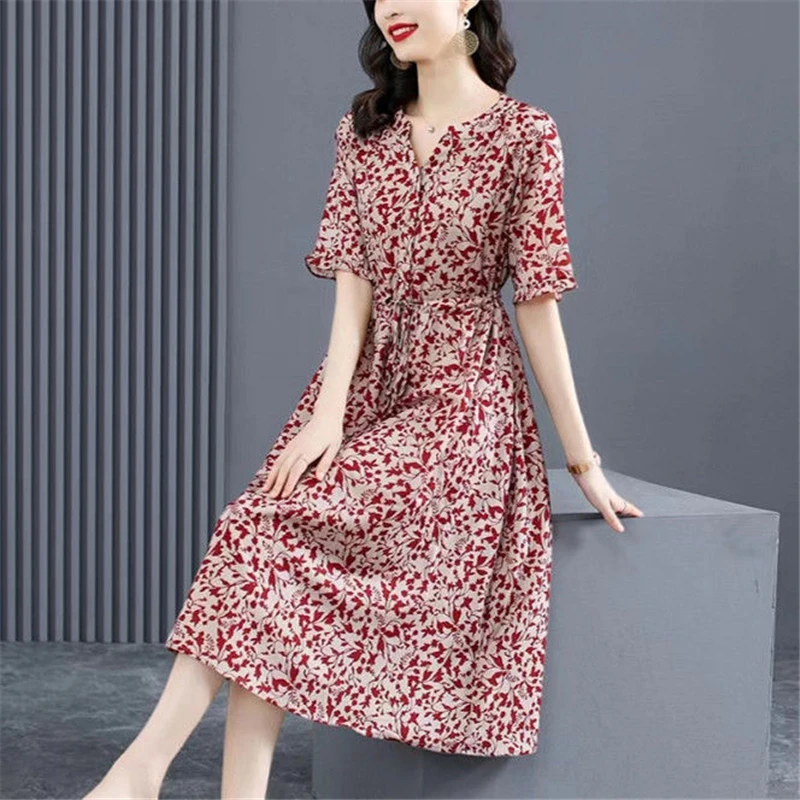 Vestido feminino estampado com decote em v com renda, elegante vestido de festa, manga curta casual, vestidos Midi soltos, roupas da moda