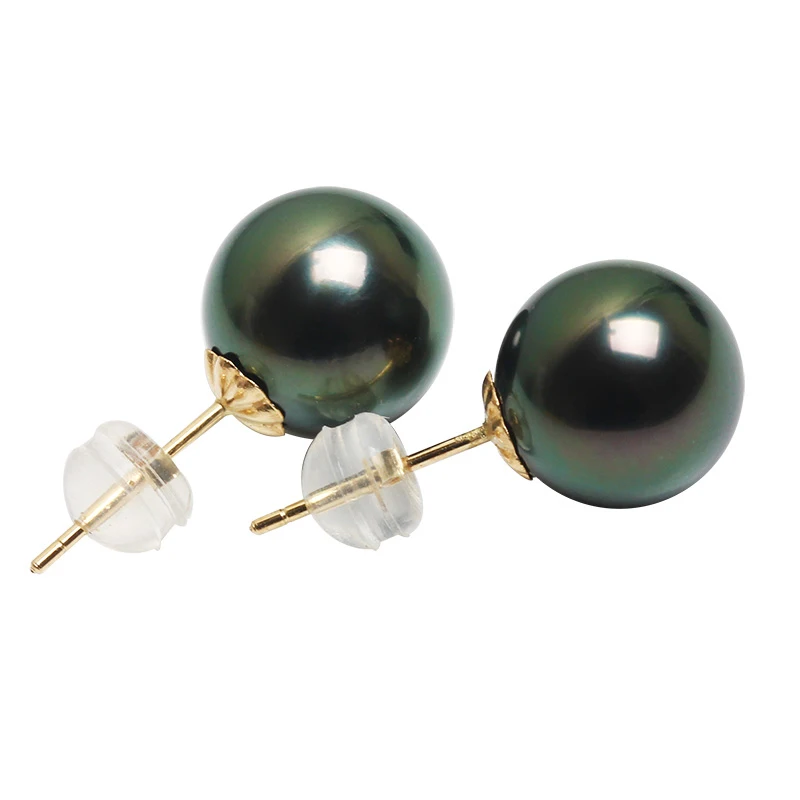 Tahitain Black Pearl Earrings For Women,Big Pearl Earrings Jewelry 18K Gold Stud Pearl Earrings Gift 10-11mm