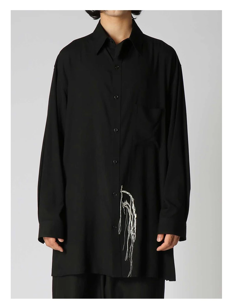 Tassel Embroidery Unisex Shirt Oversized Yamamoto-Style Homme Black Shirt Tops For Man Black Shirts And Blouses