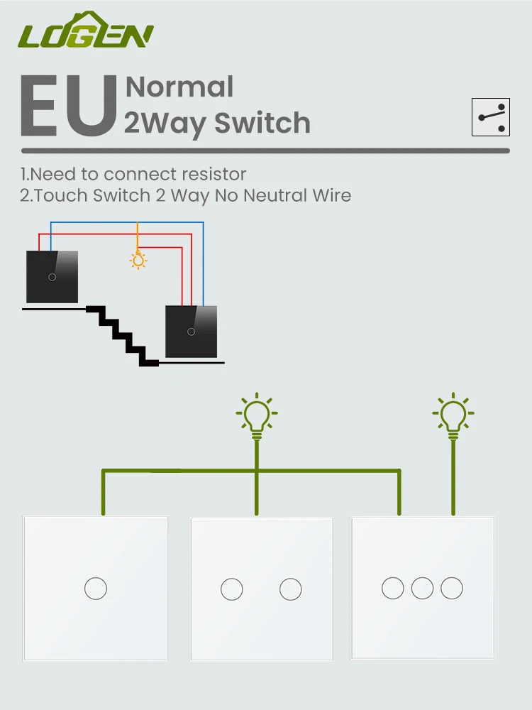 Interruptor de pared de doble toque para escalera, interruptor estándar europeo, no necesita cable neutro, Panel de vidrio