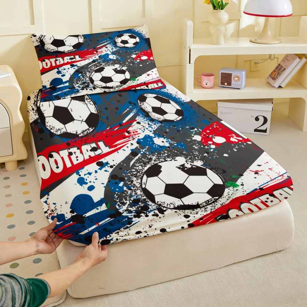 1pc Soccer Ball Graffiti Print Fitted Sheet Deep Pocket Elastic Mattress Cover Single Double Queen King Bedroom Decor
