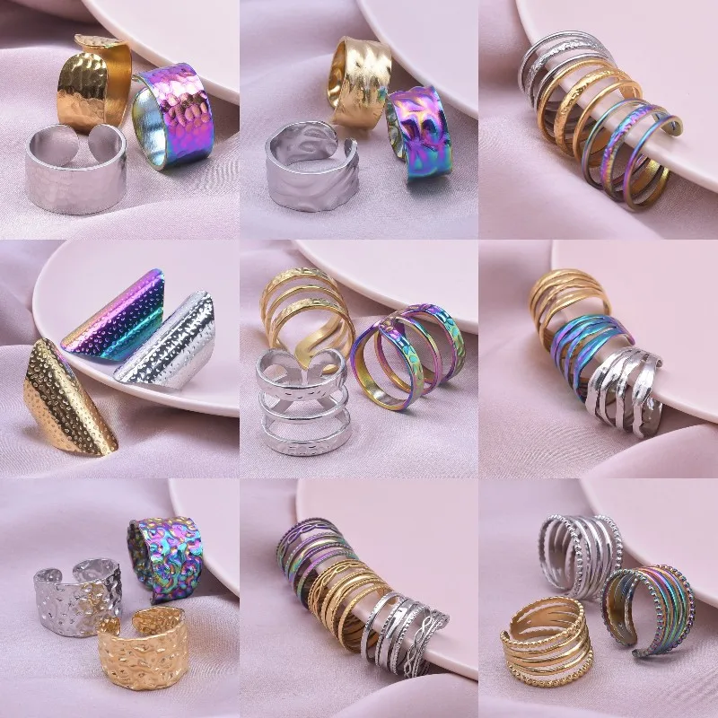 

1/3Pcs Stainless Steel Waterproof Minimalist Hollow Layered Irregular Textured Open Rings Vintage Chunky Women Anillos Jewelry