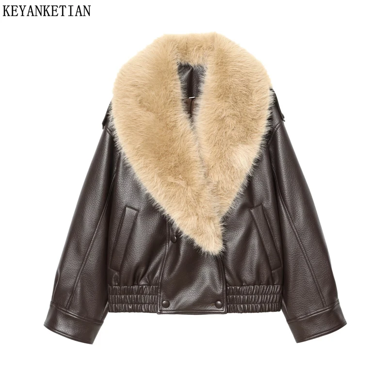 Keanketian 2025 inverno nova pele sintética feminina decorada jaqueta de couro artificial moda luxo duplo breasted grosso casaco quente