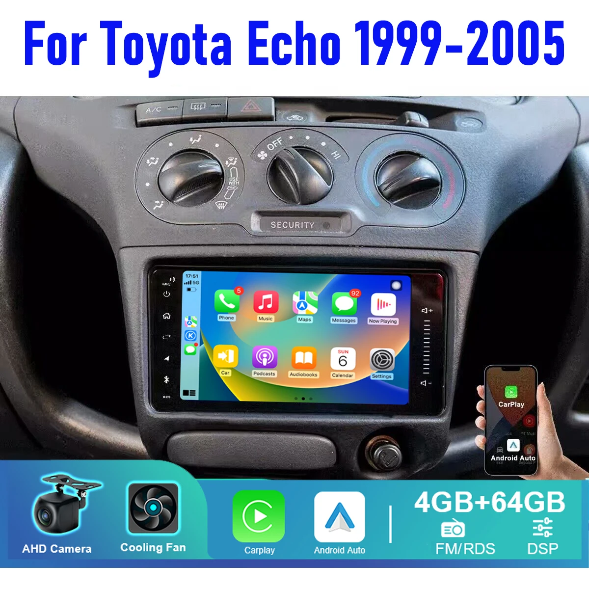 7 ''pour Toyota Echo 1999-2005 unité principale autoradio Carplay Apple Android 13 système Intelligent automatique lecteur multimédia Navi 4 + 64GB