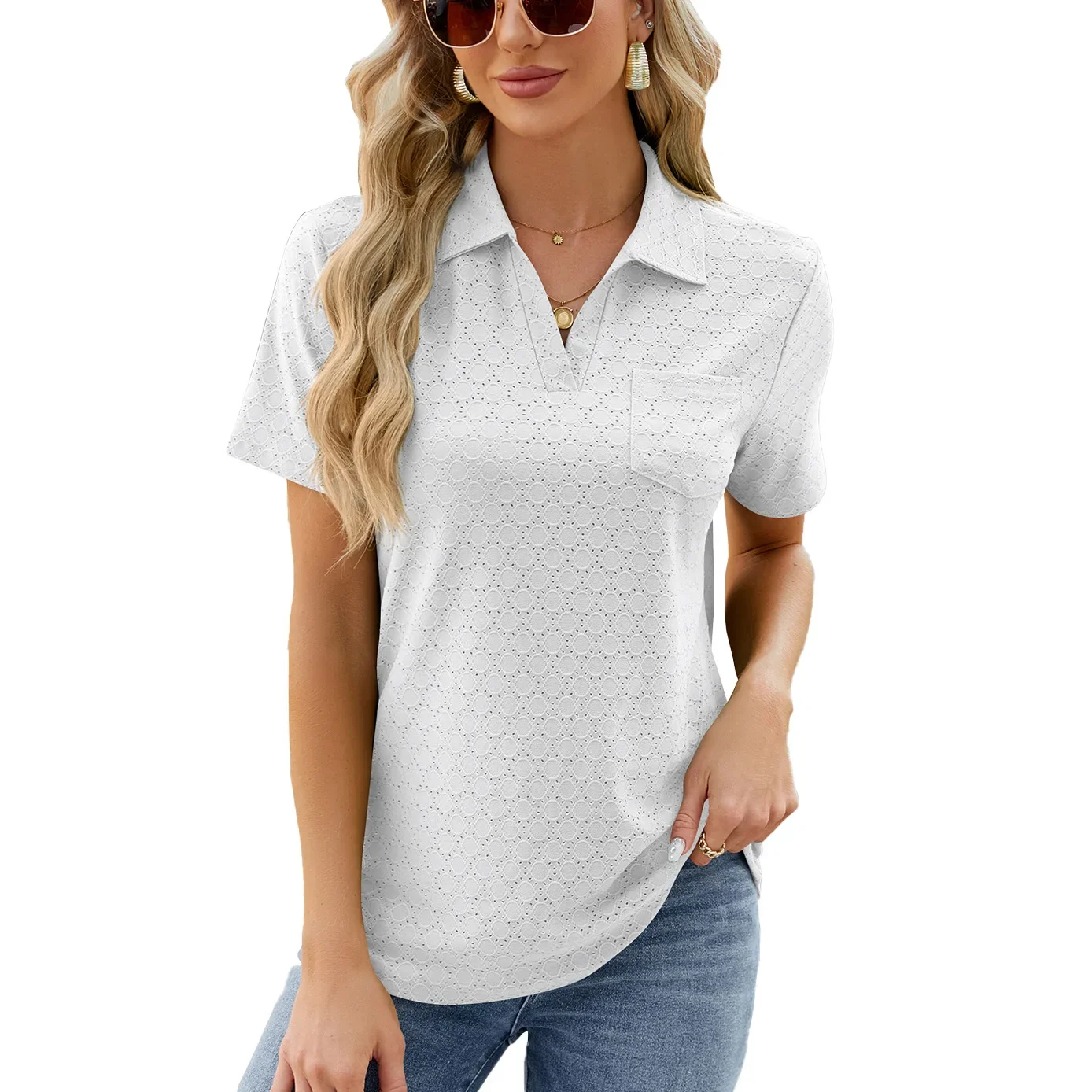 Camiseta de manga corta para mujer, tops con cuello de solapa, liso ahuecado, verano