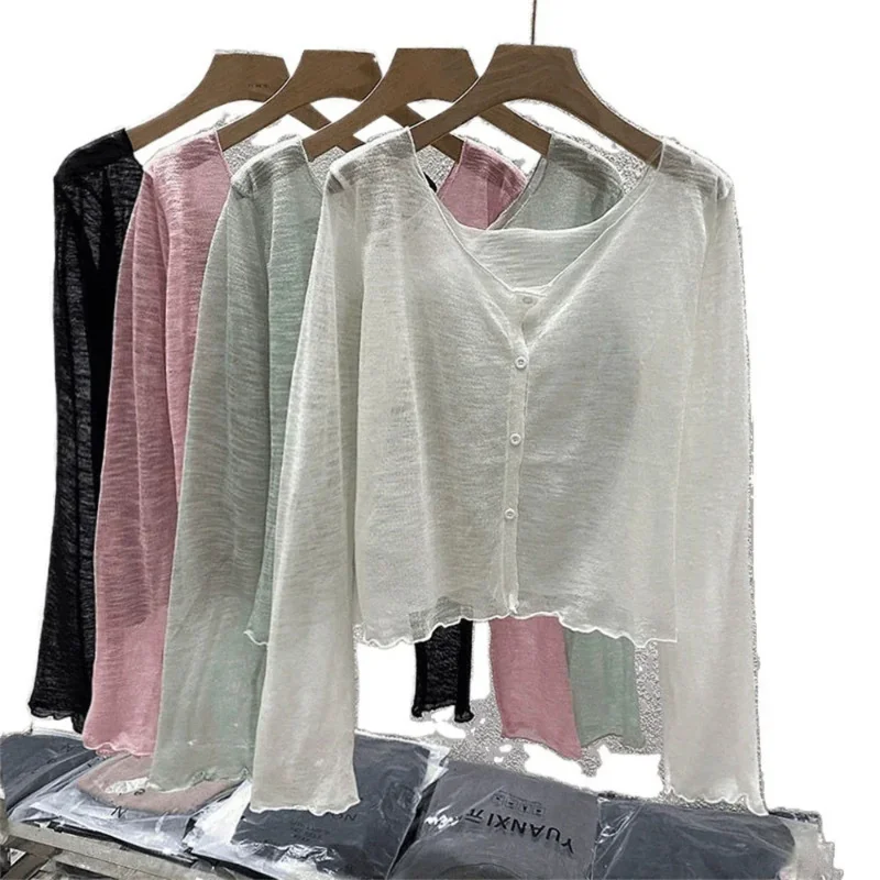 Knit Cardigan Women's Thin Coat Ice Silk Outerwear Cover-up Shawl Air Conditioning Shirt Summer Clothes Tops