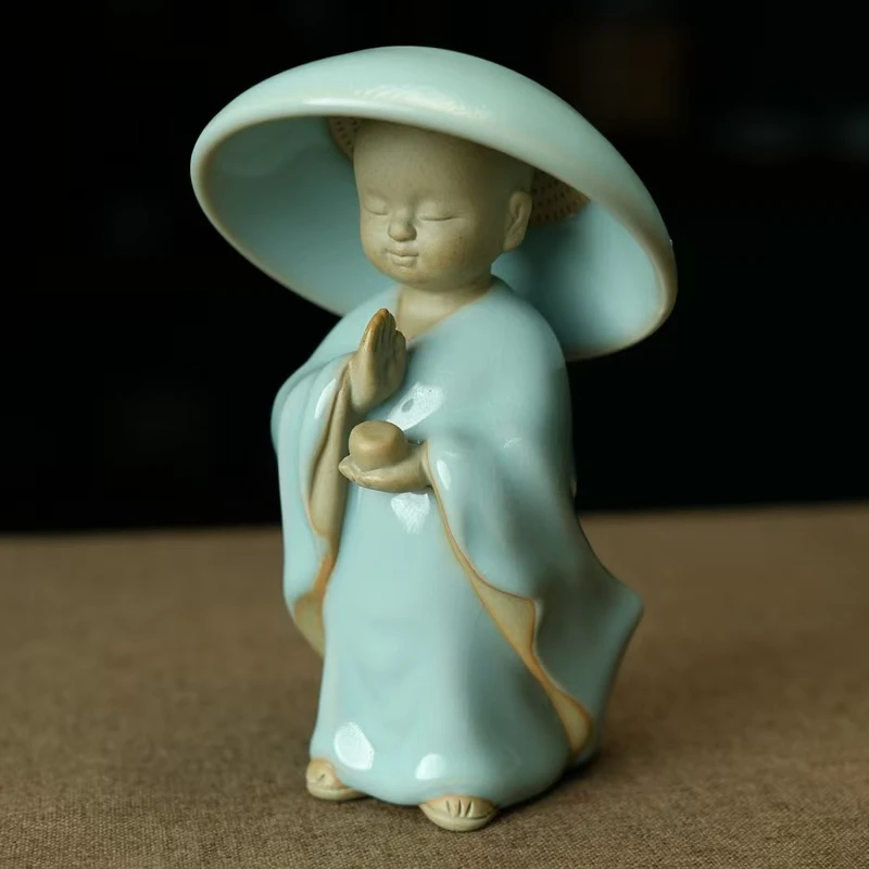 

Ru Kiln Tea Pet Ru Porcelain Sky Blue Little Monk Tea Strainer Ice Crack Sky Blue Handmade Ceramic Doll