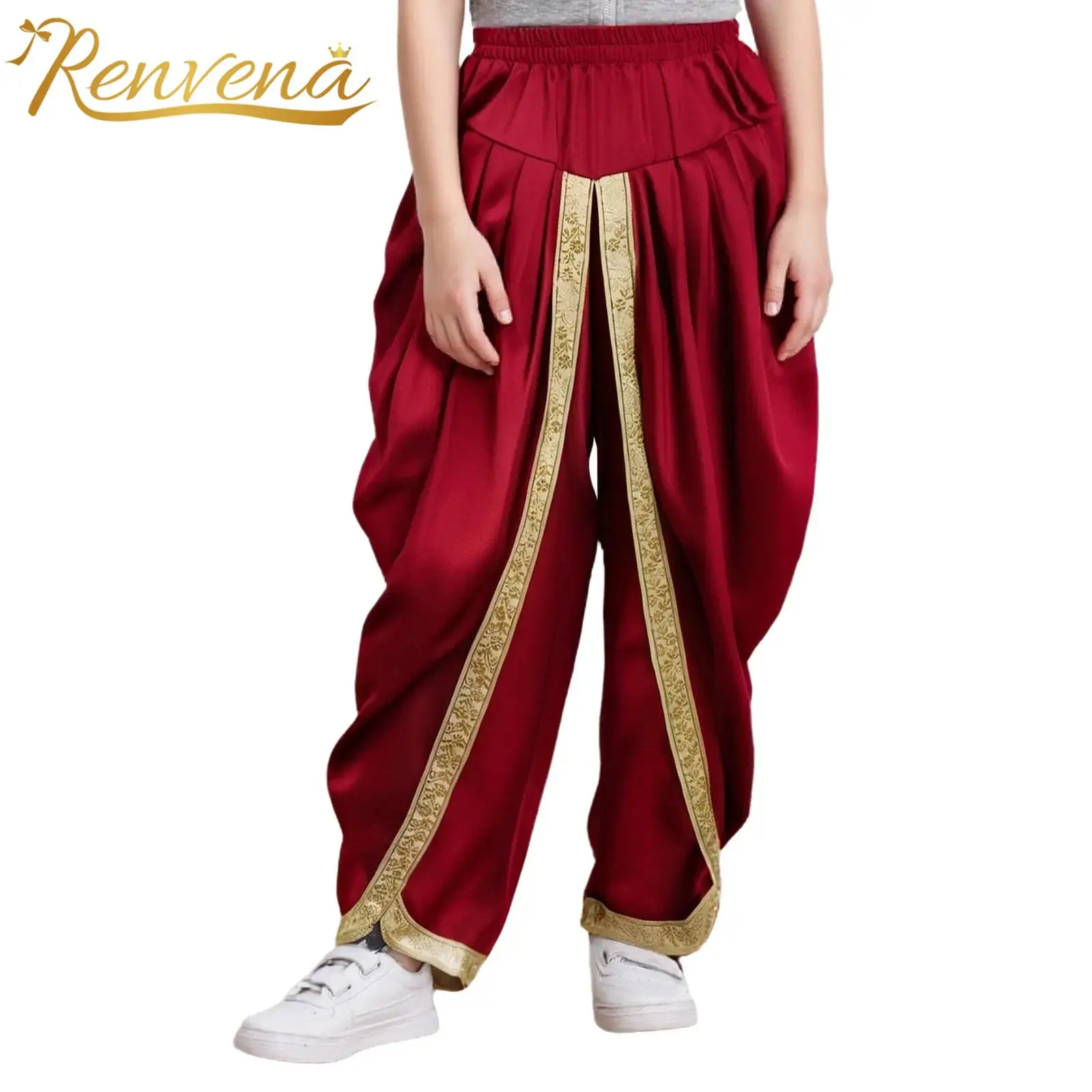 Kids Boys Arabian Prince Satin Dhoti Pants Elastic Waistband Draped Baggy Trousers for Halloween Theme Party Fancy Dress Ball