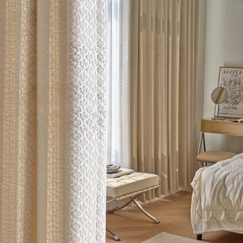 French Cotton Linen Jacquard Curtains for Living Room Bedroom Small Leaf Cream Color Blackout Curtain Milk Tea Color Bay Window